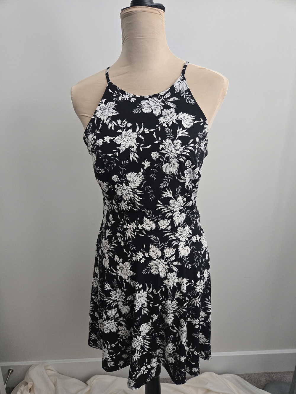 BCX Black & White Floral Halter Mini Dress. Size M